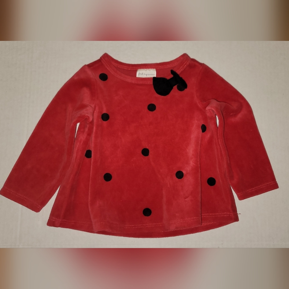 First impressions Red Shirt black polka dot velveteen long sleeve holiday Top
